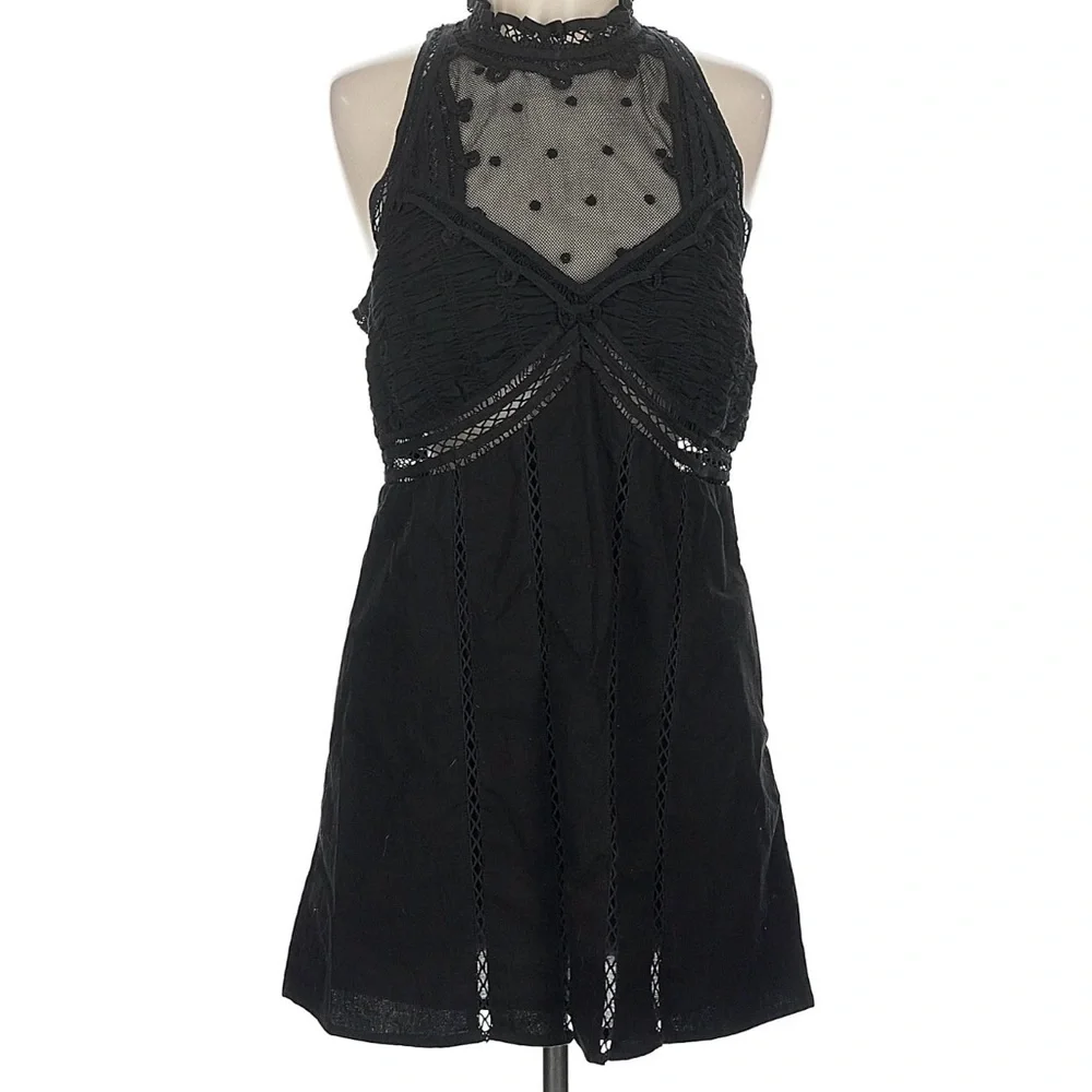 Free People Valencia Mini Dress featuring a black lace high neck and sheer dot - Picture 4 of 6